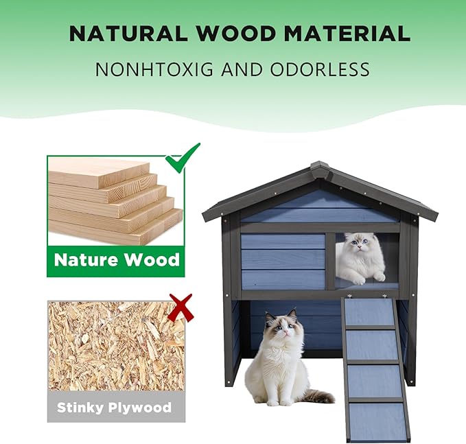 2 Story Wooden Outdoor Cat House Weatherproof with Escape Doors, Openable Roof, Feral Cat Shelter, Suitable for Small Animal