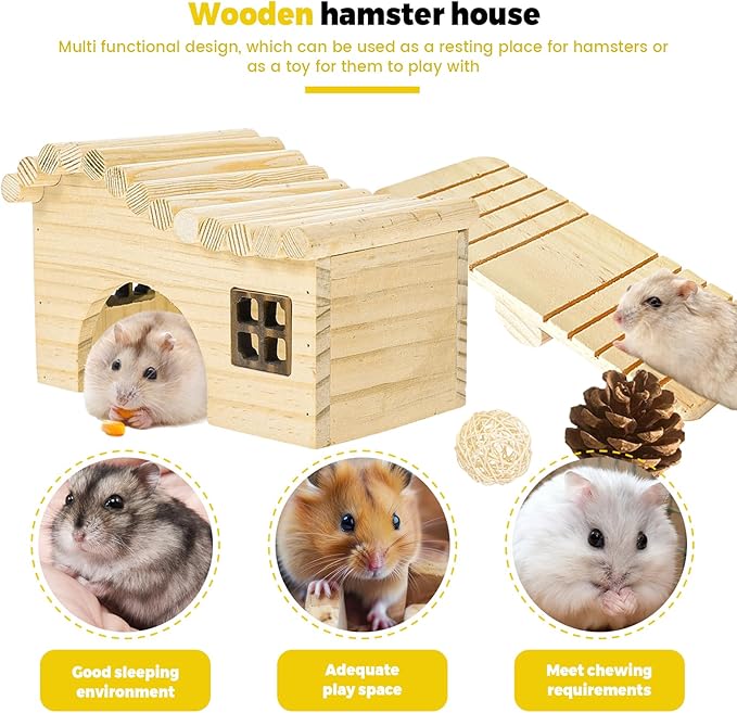 Wooden Hamster Platform and Dwarf Hamster House, Cute Syrian Tiny House Hideout, Small Animal Pet DIY Accessories for Rats, Gerbils & Small Pets (All-in-one)