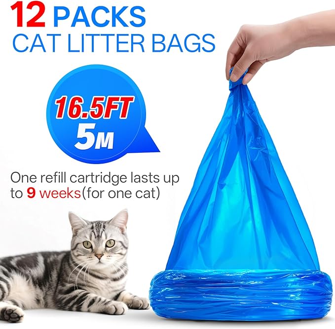 12 Pack Cat Litter Refill Bags Compatible with Litter Genie XL+/XL/Plus/Standard/Style/Desgin Pail, Extra10% Length 27 Months Use Time, 100% Odor Control, Cartridge NOT Included