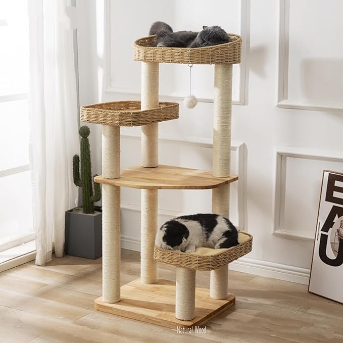 SHENGOCASE Modern Natural Wood Wooden Cat Tree Tower, 3 Large Rattan Wicker Basket Perch Beds with Cozy Cushion Sisal Scratching Post, Window View Design, for Cats up to 20 lbs