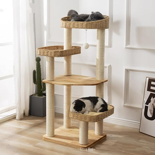 SHENGOCASE Modern Natural Wood Wooden Cat Tree Tower, 3 Large Rattan Wicker Basket Perch Beds with Cozy Cushion Sisal Scratching Post, Window View Design, for Cats up to 20 lbs