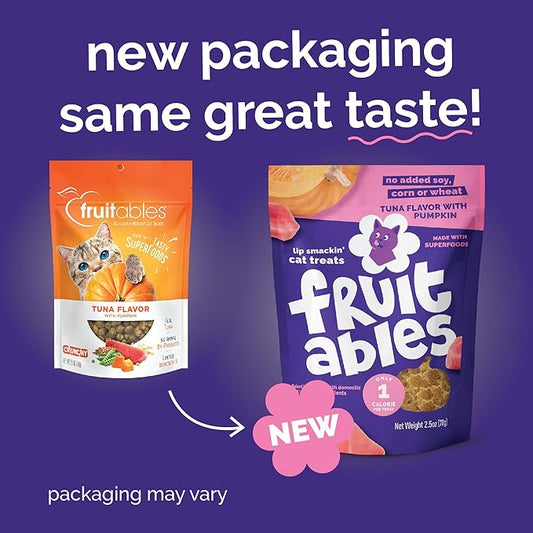 Fruitables Cat Treats, Healthy Treats For Cats, Low Calorie and Packed with Protein, Crunchy Biscuits, Free of Wheat, Corn and Soy, Made with Real Tuna and Pumpkin, 2.5oz