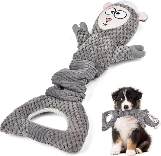 Dog Interactive Squeaky Toy for Chewers - Tug-of-War Sheep Plush with Durable Squeaker, Puppy Training & Anxiety Relief, Long-Lasting Chew Toy for Medium/Large Dogs