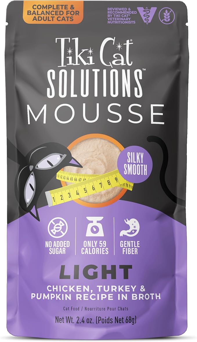 Tiki Cat Solutions Light Mousse, Chicken, Turkey & Pumpkin, Formulated to Support Healthy Trim and Fit, Functional Wet Cat for Adult Cats, 2.4 oz. Pouch (12 Count)