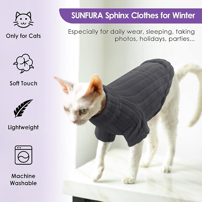 SUNFURA Sweaters for Cats, Hairless Sphynx Sweater Kitten Pullover with Sleeves, Warm and Soft Cat Pajamas Fleece Sweatshirt Jumpsuit, Turtleneck Clothes for Fall Winter, Grey L