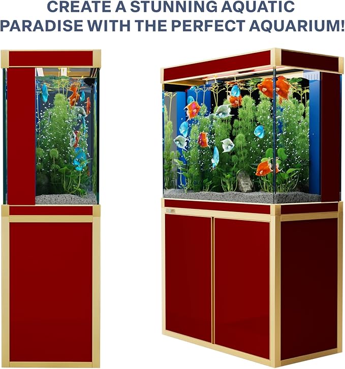 100 Gallon Aquarium Fish Tank with Upright Fishtank Stand Water Pump Freshwater Filter LED Bundle and Straight Corners Clear Glass - Red with Gold Trims