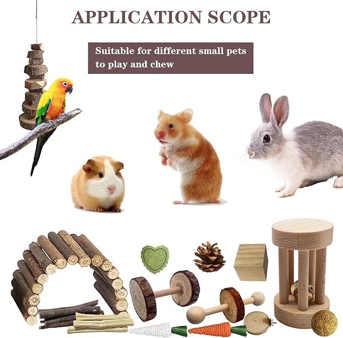 Hamster Toys Set,Guinea Pig Toys Small Animal Chewing Toy and Rat Cage Accessories, 16 Different,Hamster Small Animal Hideout,Chinchillas, Gerbils, Rats, Rodents Teeth Care,Natural Molar Tools