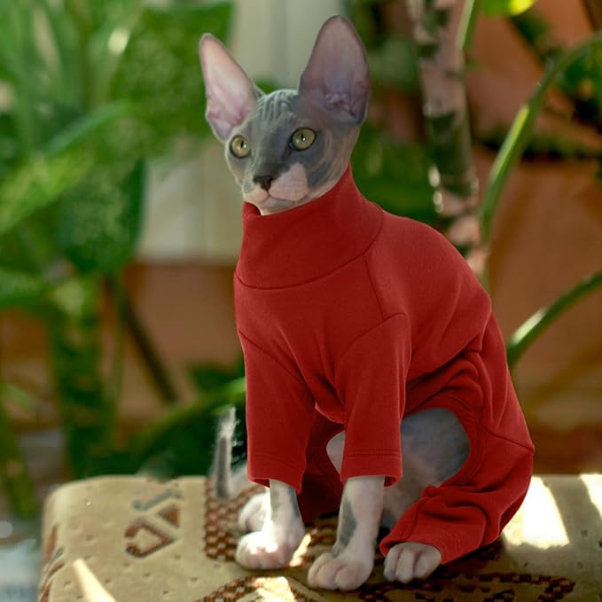 ROZKITCH Hairless Cat Clothes, Breathable Soft Cat Jumpers for Cats Only, Cat Coat with Four Legs, Warm Cat Sweater Cat T-Shirt Cat Pajamas Jumpsuit Vest Cornish Rex Devon Rex Peterbald Red M