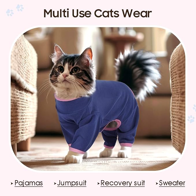 DENTRUN Cat Clothes for Hair Control with Hair Sticky Fabric - Soft Recovery Suit & Breathable Lint-Resistant Cat Sweater for Cats Only, Kitten Onesie Pajamas, M, Blue