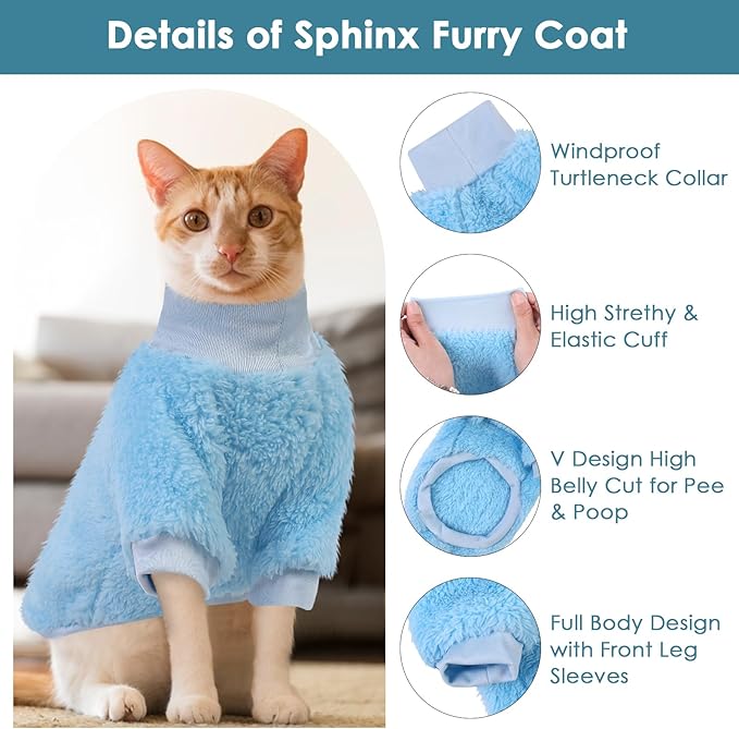 SUNFURA Sphynx Cat Sweater, Hairless Cats Turtleneck Pullover Kitten Sweaters for Cats Only, Warm and Soft Cat Pajamas Shirt with Sleeves Pet Winter Clothes Fleece Jumpsuit for Puppy, Blue M