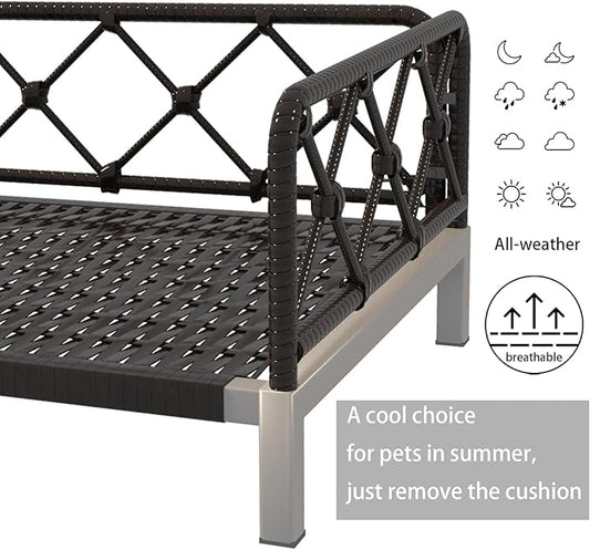 Wicker Dog Bed with 2" Cushion,Rattan Dog Sofa Bed for Small Medium Dogs– Indoor/Outdoor Metal Frame Pet Bed up 66lbs(Black Rattan White Cushion)