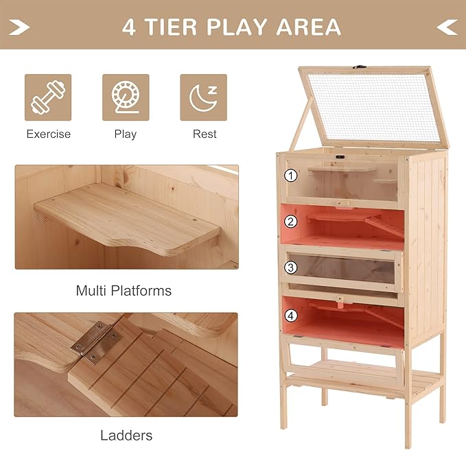 PawHut 5-Tier Wooden Hamster Cage Mice Habitat Rat Habitat with Openable Top, Front Door and Storage Shelf