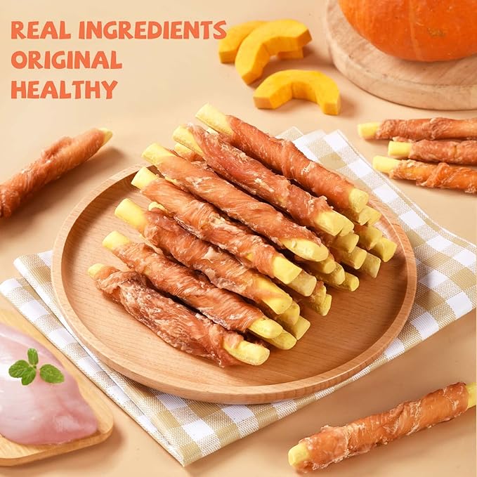 Dog Treats Pumpkin Biscuits Chicken Wrapped, Healthy Chewy Snacks High Fiber Low Fat, Training Treats for Small Medium Large Dogs, 10.6 oz