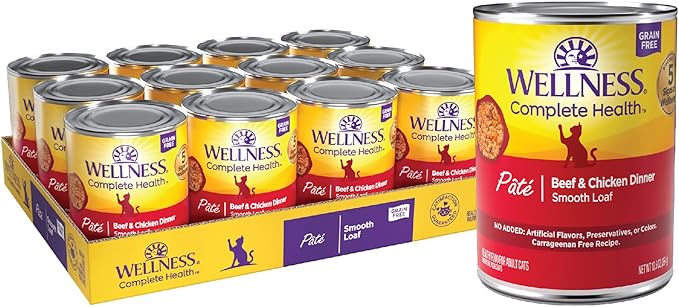 Wellness Complete Health Pate Adult Wet Cat Food, Natural, Protein-Rich, Grain Free, 12.5 Ounce, 12 Pack, (Beef & Chicken)