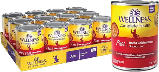 Wellness Complete Health Pate Adult Wet Cat Food, Natural, Protein-Rich, Grain Free, 12.5 Ounce, 12 Pack, (Beef & Chicken)