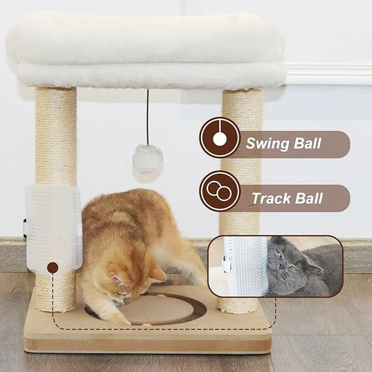 Small Cat Tree Tower Scratching Post with Perch Bed for Indoor Cats and Kittens,Track Ball Hanging Ball Toy Self-Massage Brush Beige