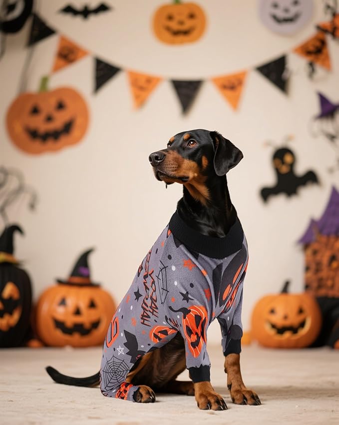 PET SHOW 4 Pack Halloween Dog Pajamas for Medium Dogs Onesie Soft Pumpkin Ghost Soft Fleece Stretchy Jumpsuit Costume Boy Girl Pets PJs with Sleeve Clothes(XXL)