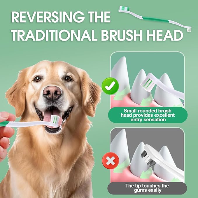 Dog Toothbrush – Newly Upgraded Dual-Head Design with 60° Wavy Bristles – Gently Surrounds Teeth for Deep Cleaning and Plaque Removal – Non-Slip Handle, Ideal for Daily Pet Dental Care (Green, 6-Pack)