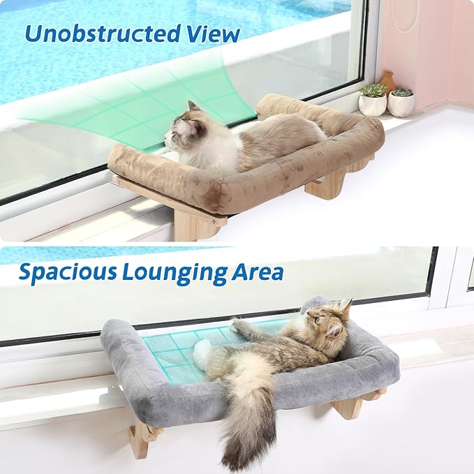 Zakkart Cat Perch for Window Sill with Bolster - Orthopedic Hammock Design with Premium Hardwood & Robust Metal Frame - Cat Window Seat for Large Cats and Kittens - Natural Color Wood with Brown Bed