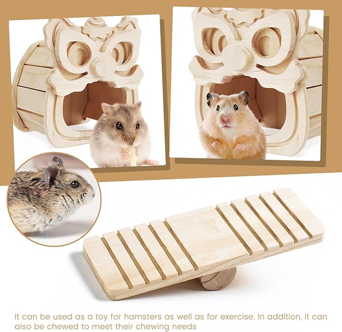 Guinea Pig Hideout, Wooden Hamster Hideout, Natural Wood Hamster House, Solid Wood Small Pet Shelter, Safe & Simple for Rat Gerbils and Other Small Pets(Waking Lion)
