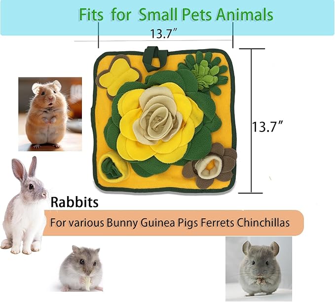 Rabbit Foraging Mat，Bunny Snuffle Mat for Hamsters Puzzle Toys Ferrets Interactive Feeding Mat for Guinea Pigs Hedgehog Chinchillas Small Animals Stress Relief (Yellow Green)