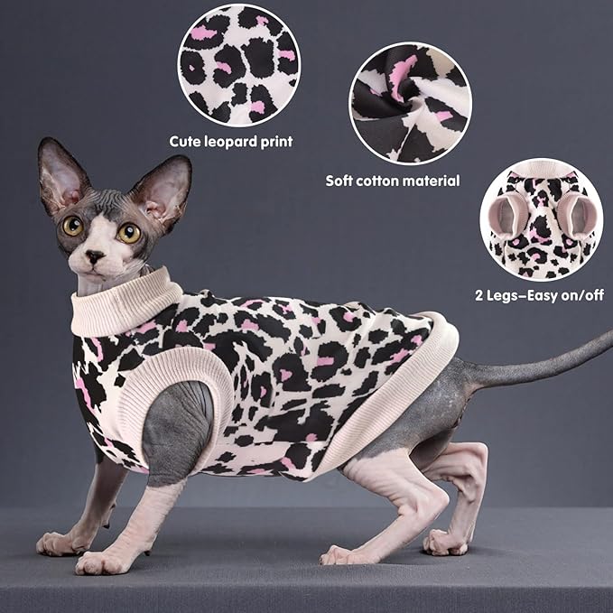 Idepet Cat Clothes Kitten Sweater Soft Kitten Shirt Cute Leopard Print Kitty Vest Pullover Pajamas Jumpsuit Cotton Apparel for Hairless Cats & Puppy (Pink,M)