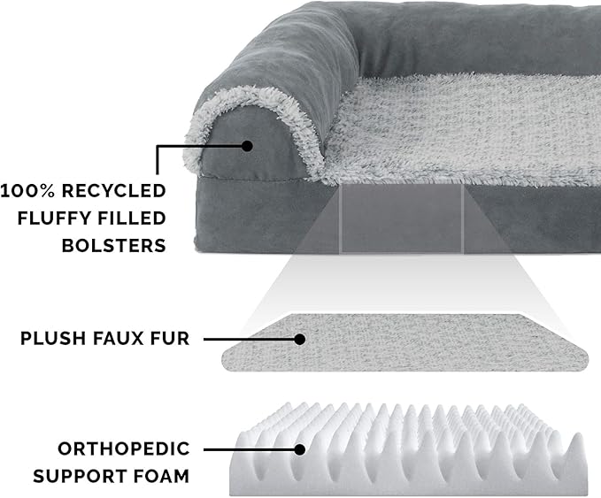 Furhaven Orthopedic Dog Bed for Large/Medium Dogs w/ Removable Bolsters & Washable Cover, For Dogs Up to 55 lbs - Two-Tone Plush Faux Fur & Suede L Shaped Chaise - Stone Gray, Large