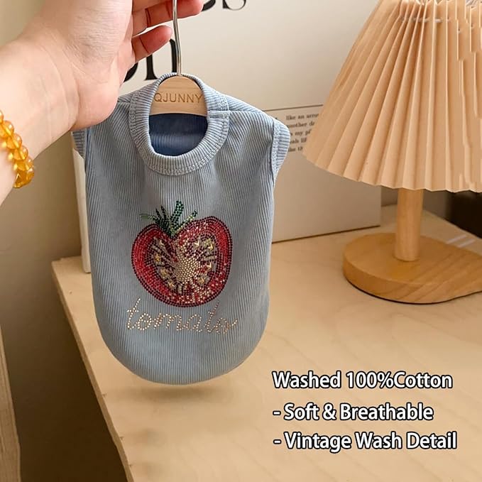 Washed Cotton Pet Vest with Rhinestone Fruit Designs, Soft & Stylish Small Dog Cat Vest for Spring Summer, Breathable & Shiny (Blue-Tomato, X-Small)