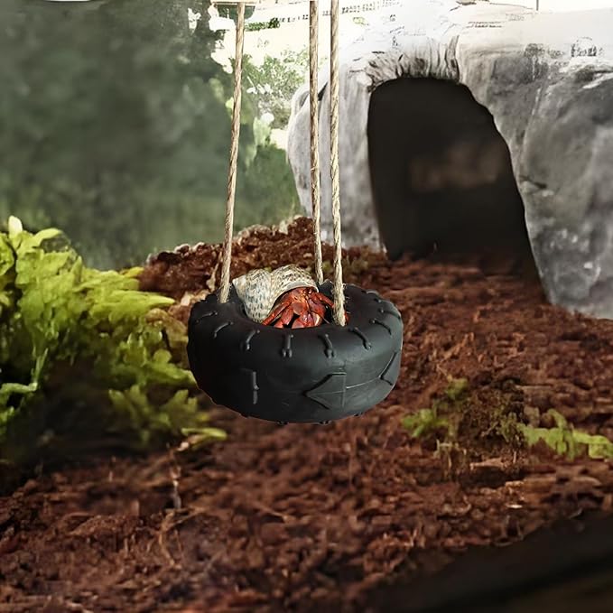 Hermit Crab Tire Swing Toy Suction Cup Hook Climbing Toy Terrarium Decor Climbing Swing for Hermit Crabs, Small and Medium-Sized Amphibians and Frogs