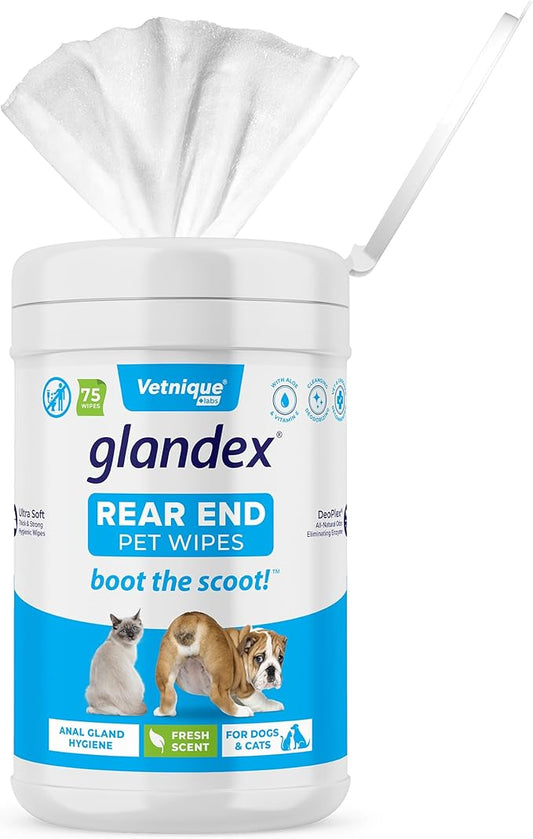 Vetnique Glandex Dog Wipes for Pets Cleansing & Deodorizing Anal Gland Hygienic Dog & Cat Wipes with Vitamin E, Skin Conditioners and Aloe (75ct)