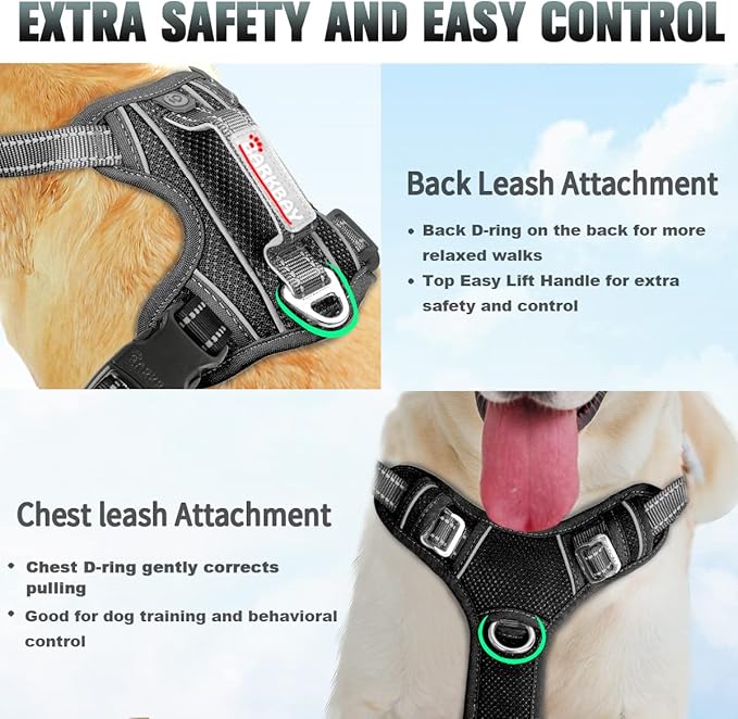 BARKBAY No Pull Dog Harness Large Reflective Dog Harness with Front Clip and Easy Control Handle for Walking Training Running with ID tag Pocket(Black,M)