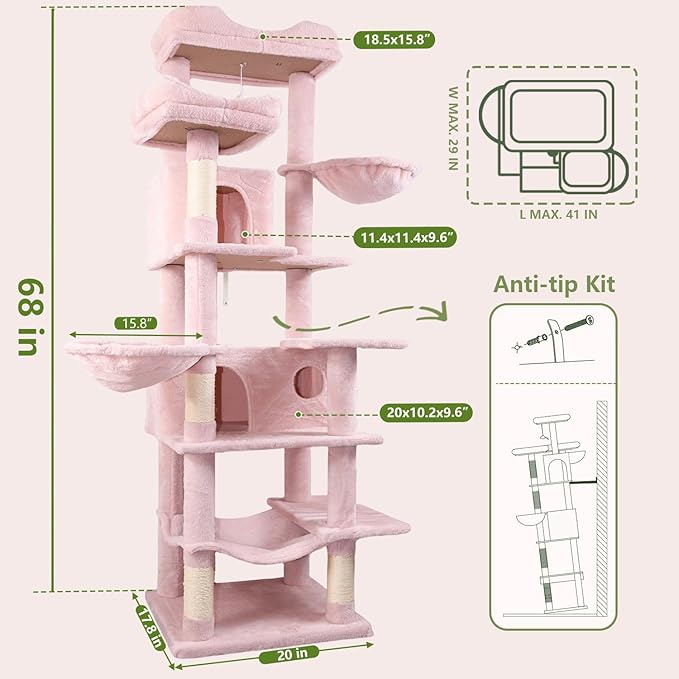 68 Inches Multi-Level Large and Tall Cat Tree Tower for Indoor Cats/Removable Pad/Cat Condo/Sisal Scratching Posts/Hammock/Cat Activity Center/Wide Base Pink