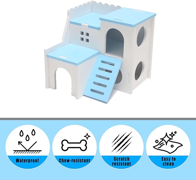 Blue Wooden Hamster Maze & Double-Decker Hut with Fun Slide - for Dwarf Hamsters, Mice, Gerbils, All Small Pets