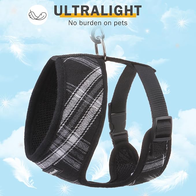 SCENEREAL No Pull Dog Harness Collar and Leash Set Small Medium Sized Dog, Soft Mesh Step in Puppy Harnesses, No Chock Plaid Adjustible Pet Vest for Outdoor Walking Training and Running, Black S