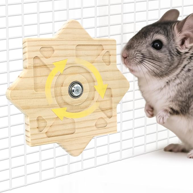Rotating Natural Wood Chinchilla Chew Toys for Teeth, Interactive Enrichment Toys, Hanging Exercise Chinchilla Toys for Cage for Playtime, Spinner Cage Accessories Wheel (1pc Square)