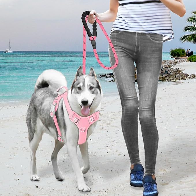 BARKBAY No Pull Dog Harness Large Reflective Dog Harness with Front Clip and Easy Control Handle for Walking Training Running with ID tag Pocket(Baby Pink,L)