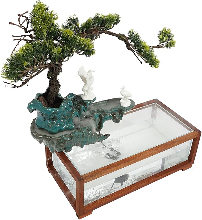 Antique-Style Tabletop Water Fountain with Fish Tank & Atomizer - Desktop Decor with Crane Statues, Simulated Pine, LED Light & Feng Shui Symbolism for Indoor Home/Office Decoration