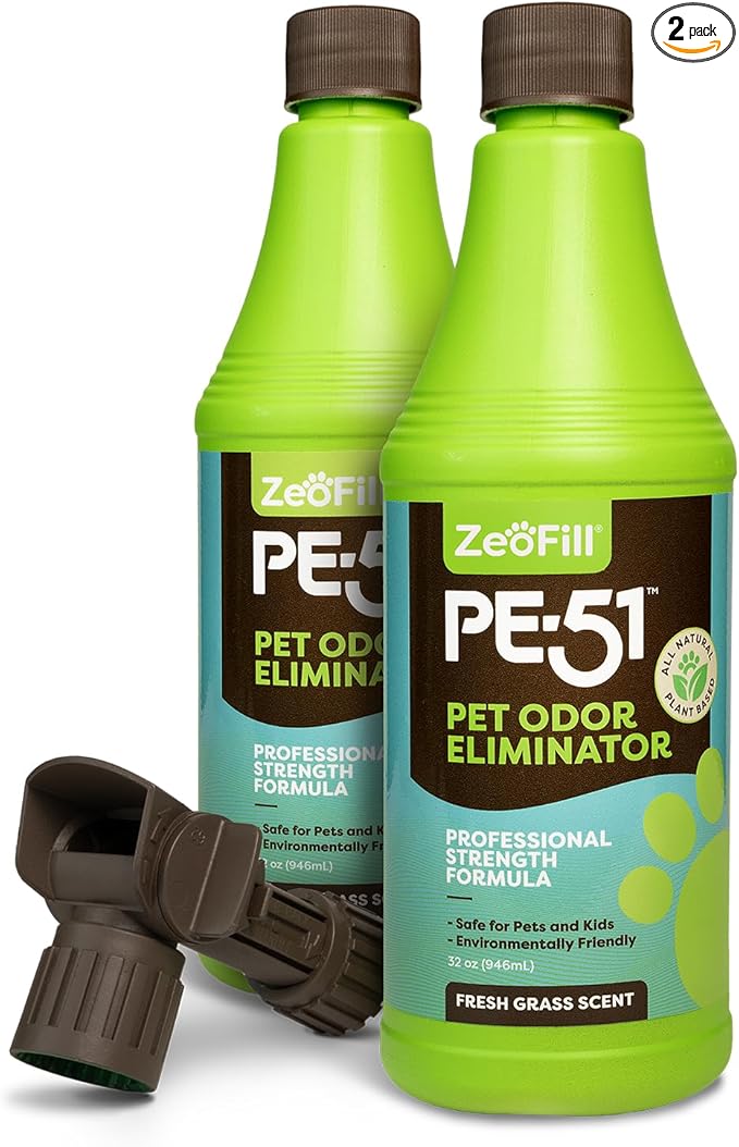 ZEOFILL PE-51 Pet Odor Eliminator – Pet, Turf & Yard Urine Odor Eliminator | Cat & Dog Pee Deodorizer Spray | Dual Pack of 32oz Bottles & 1 Max Flow Garden Hose Spray Nozzle | All Natural Enzymes
