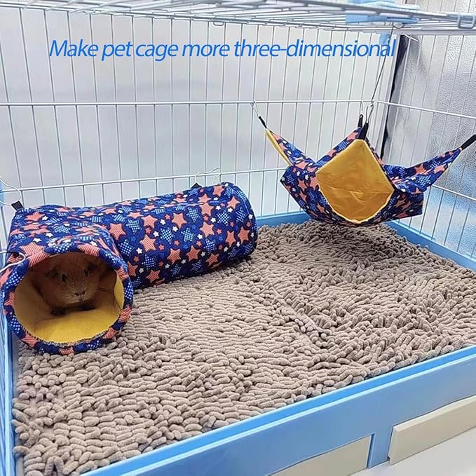 Guinea Pig Rat Tunnel Ferret Hammock, Small Animal Corner Tunnel & Tubes & Bed for Hedgehog Piggy Chinchilla Hideout Toys and Cage Accessories (3.Hammock&Tunnel)