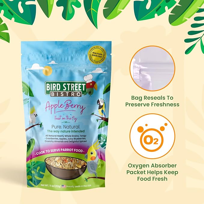 Parrot Food - Parakeet & Cockatiel Food - Cooks in 3-15 min with Natural & Organic Grains, Legumes, Non-GMO Fruits, Vegetables & Health Spices