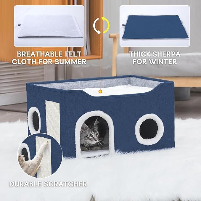 Cat House for Indoor Cats – Foldable Cat Cave & Covered Cat Bed, Cozy Hideaway for Small Pets and Large Cats (23.6"x16"x12.8"),Navy Blue