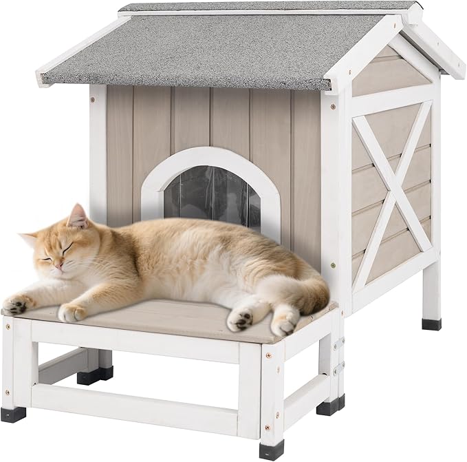 Outdoor Cat House Weatherproof Cats Shelter for Feral Kitten Pet Houses for 1-2 Small Animlas 2 Story Wooden Houses for Indoor Outdoor Cats with Escape Doors (30" L Small Cat House)