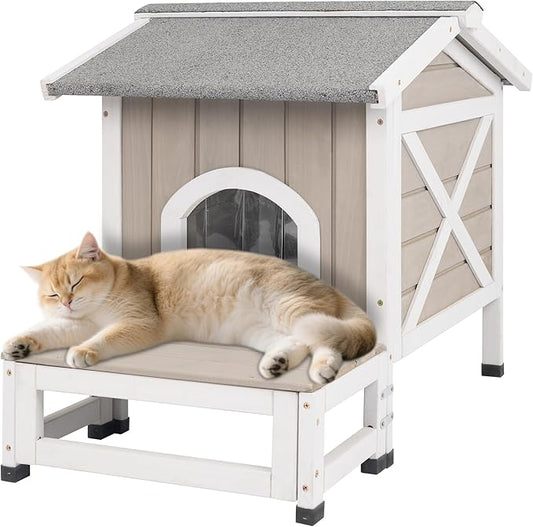 Outdoor Cat House Weatherproof Cats Shelter for Feral Kitten Pet Houses for 1-2 Small Animlas 2 Story Wooden Houses for Indoor Outdoor Cats with Escape Doors (30" L Small Cat House)