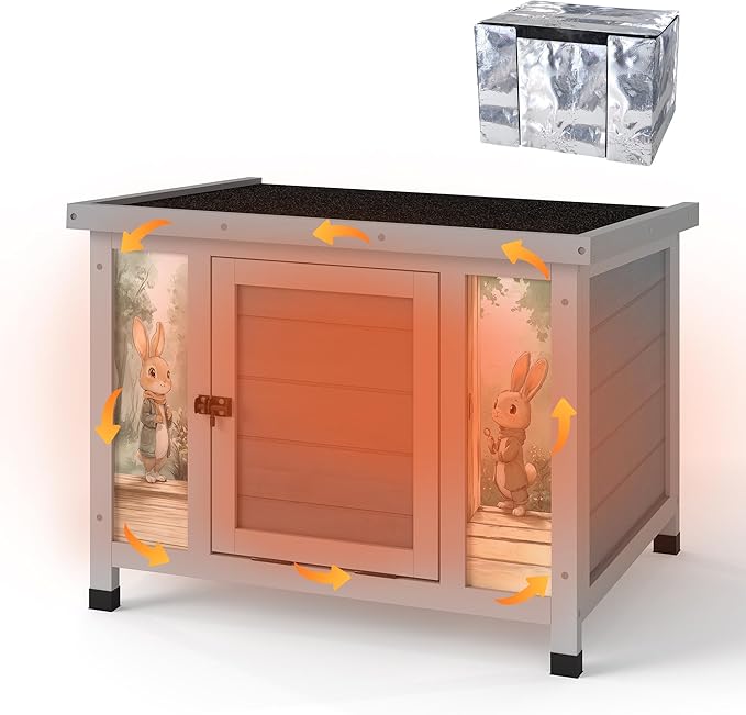 COZIWOW 24inches Insulated Cat House Outdoor Heated Indoor Small Animal House,Rabbit Cage Outdoor,Suitable for Small Cats, Rabbits, with Warm Liner for Winter(Grey with Warm)