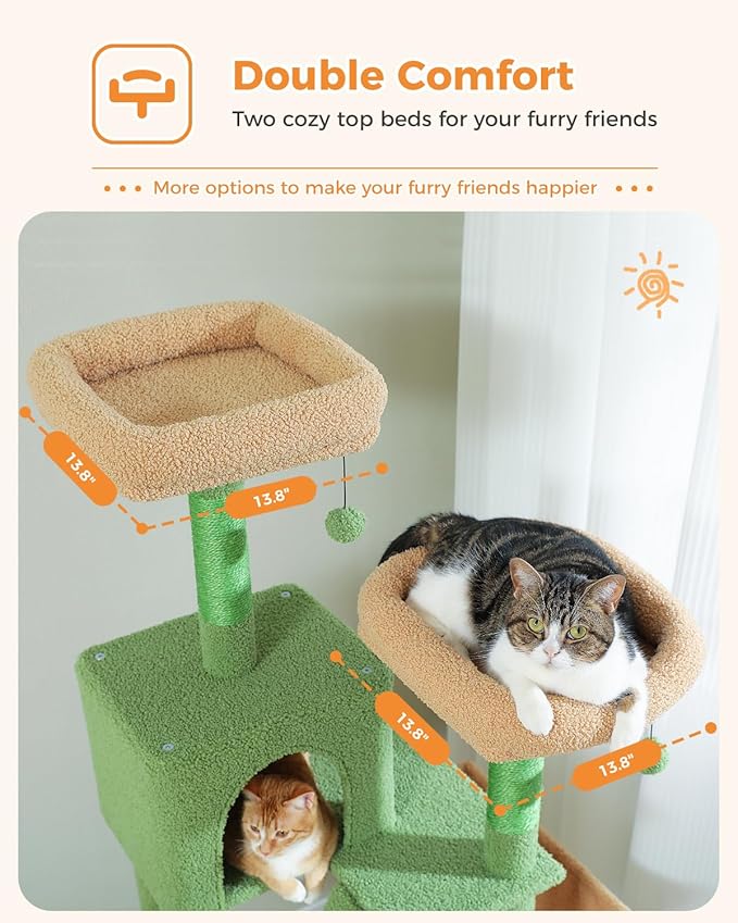 Cactus Cat Tree, 70.9" Tall Cat Tree for Indoor Cats, Large Cat Tree for Large Cats, Multi-Level Tall Cat Tower with 6 Scratching Posts, 2 Cat Condos, 2 Perches, Large Hammock, Pompoms, Green