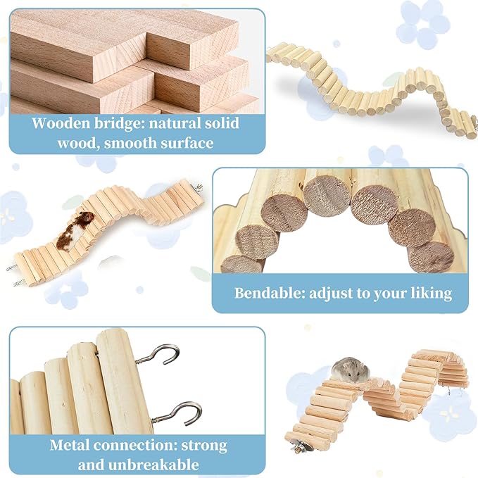 kathson 2Pcs Wooden Hamster Suspension Ladder Bridge,Bendable Long Climbing Ladders Pet Cage Toy Accessories Hideout Natural Chew Balls for Mouse Chipmunk Rabbits and Other Small Animals