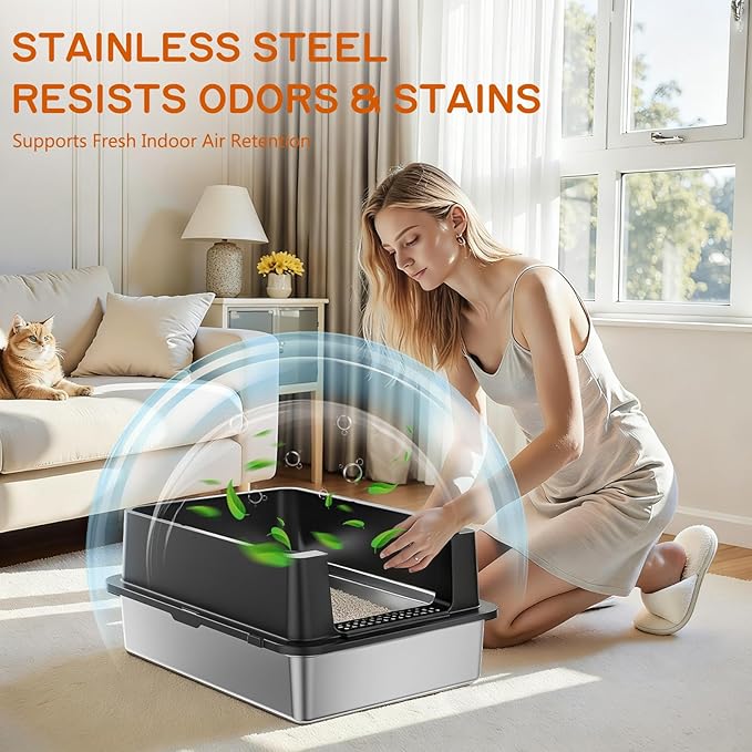 Stainless Steel Litter Box - 28" Extra Large XXXL Cat Litter Box with High Sides, Non-Sticky & Anti-Leakage for Big Cats/Multiple Cats, Includes Heavy Duty Metal Scoop (Black)