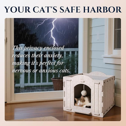 Apasiri Indoor Cat House Scratch-Resistant: Thermal Insulated Enclosed Felt Bed Cave with Hanging Ball Toy, No-Tool Assembly Hideaway for Anxious Cats & Kittens up to 35 Lbs