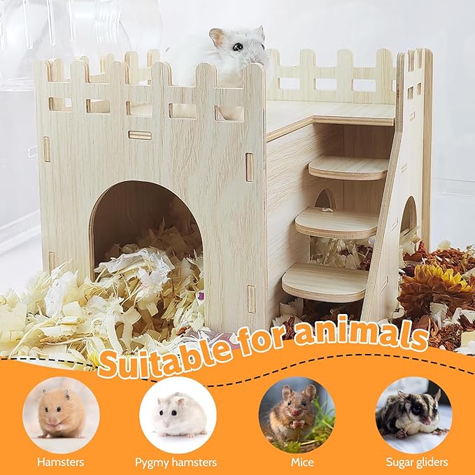 Hamster House - Double-Decker Hut with Slide, Guinea Pig Castle, Small Animal Habitat Decor
