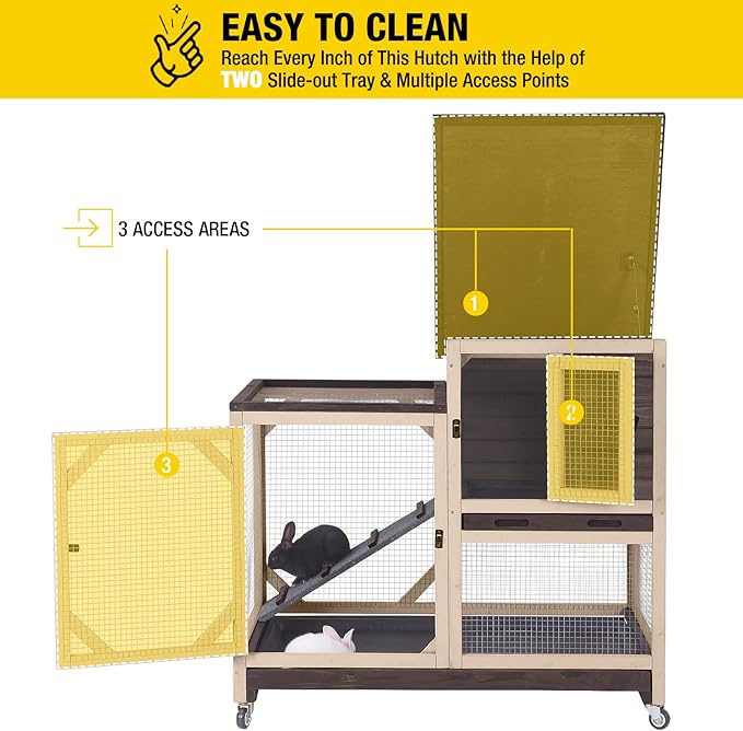 Rabbit Hutch Cage Outdoor and Indoor Bunny Hutch on Wheels with Two Deeper No Leak Trays, Guinea Pig Cages Rabbit House (Coffee Color)